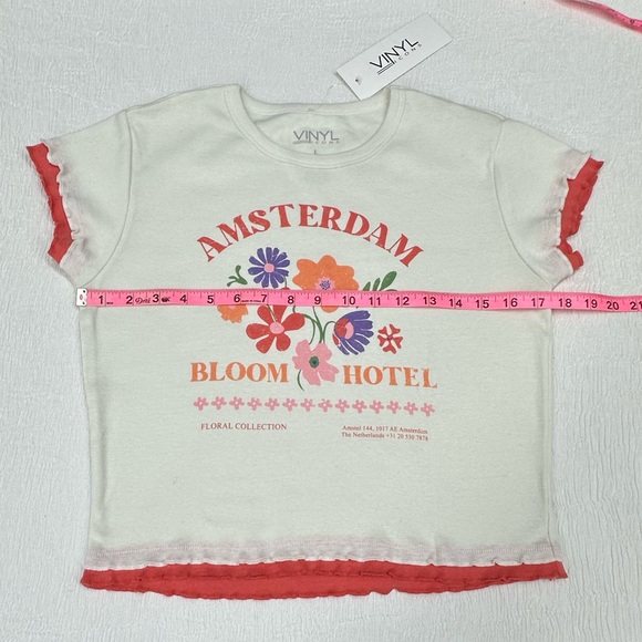 White with red ruffle hems, Amsterdam Bloom Hotel crop top. Flower print. NWT - Picture 4 of 6